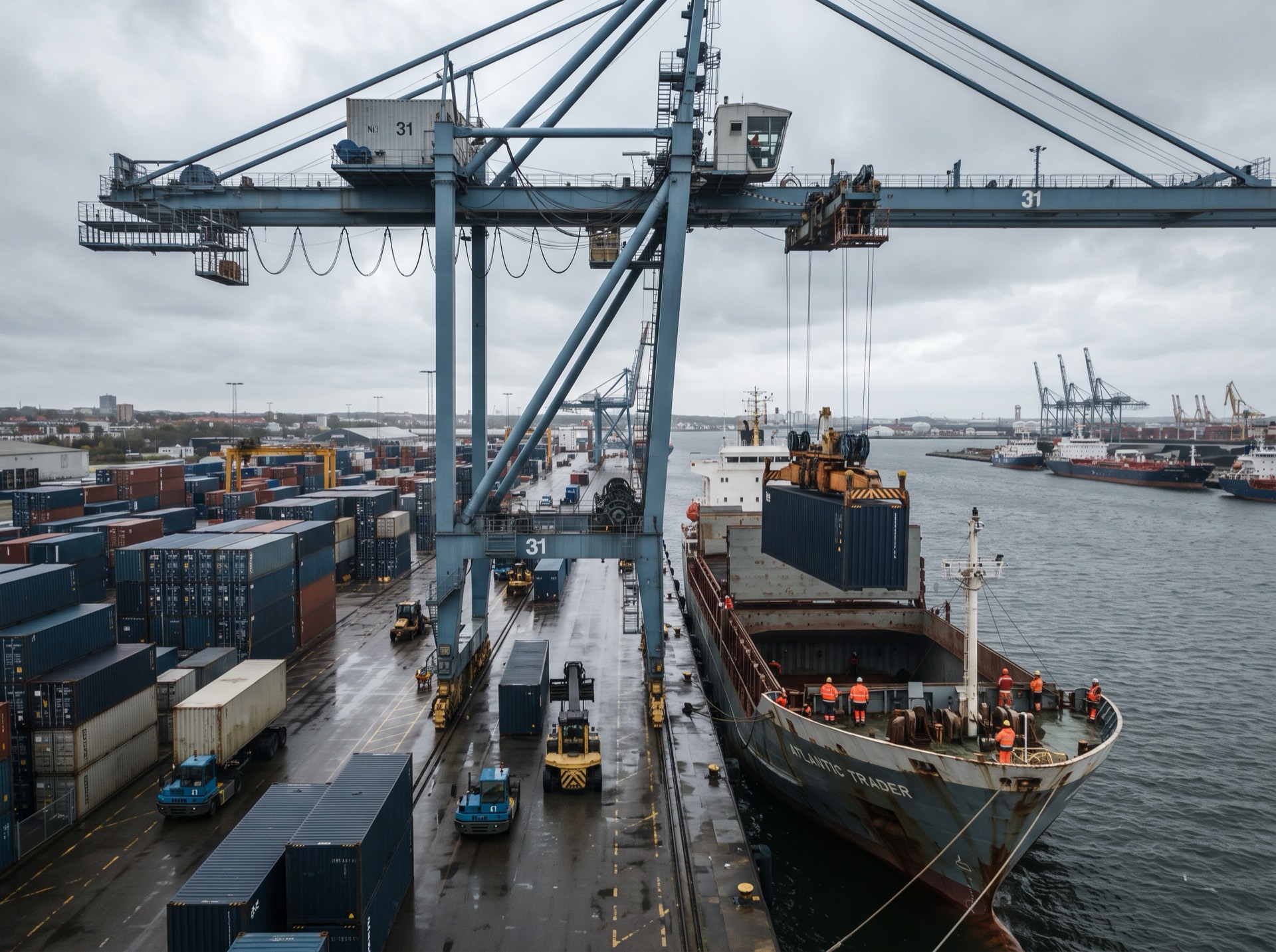 Gantry crane lifting a shipping container onto a vessel at a European port