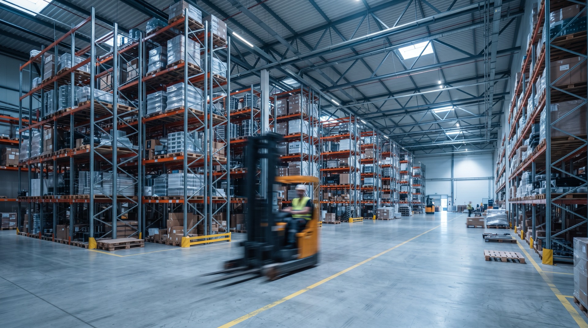 Distribution warehouse with tall racking and palletised goods